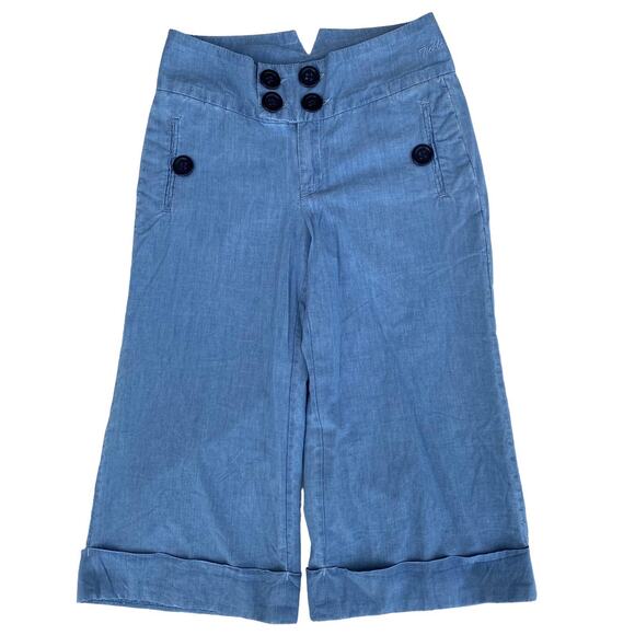 New Goldsign Fickle Women's Blue Chambray Cuffed Hem Wide Leg Capri Pants 25 - Picture 1 of 4